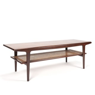Teakhouten Mid-Century vintage salontafel met riet