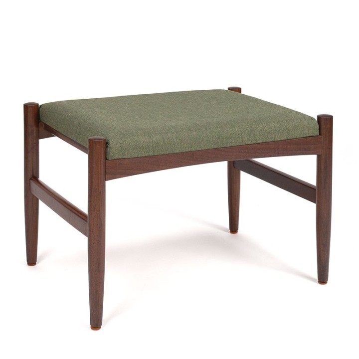 Deense teakhouten vintage poef/ ottoman met groene bekleding