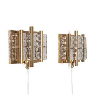 Set of 2 Scandinavian vintage brass / glass wall lamps