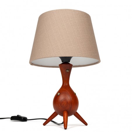 Danish teak vintage table lamp on 3 legs with brass detail