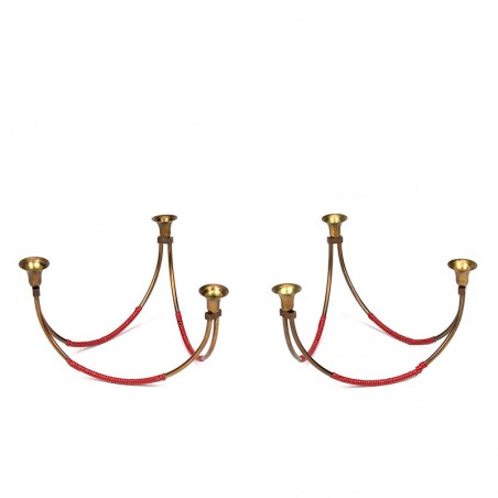 Set of 2 vintage brass candlesticks with red detail