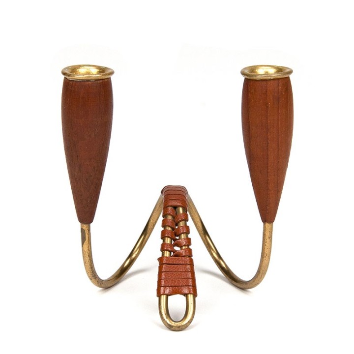 Vintage candlestick in teak and brass