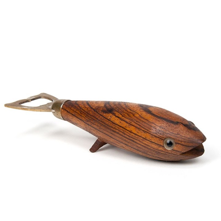 Teakhouten vintage kroon flesopener in teak als vis