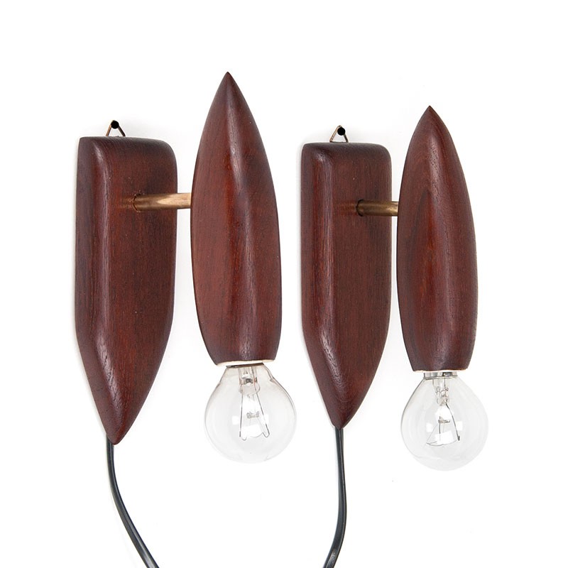 Deense set van 2 vintage wandlampjes in teak
