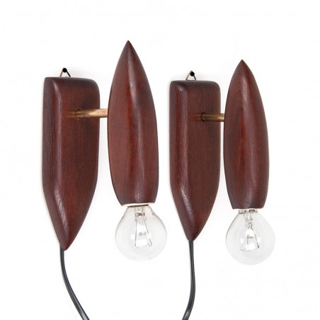 Danish set of 2 vintage small wall lamps in teak