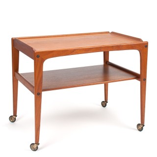 Teakhouten Deense vintage theewagen op wieltjes