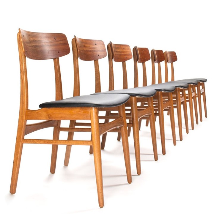 Set van 6 Mid-Century Deense eettafel stoel in teak en eiken
