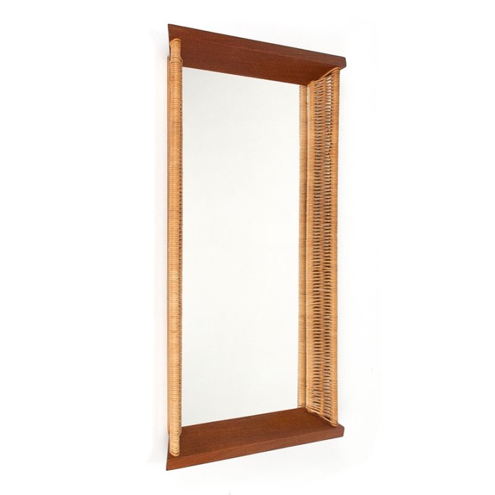 Mid-Century vintage mirror with wicker and teak edge