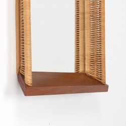 Mid-Century vintage spiegel met rand in riet en teakhout