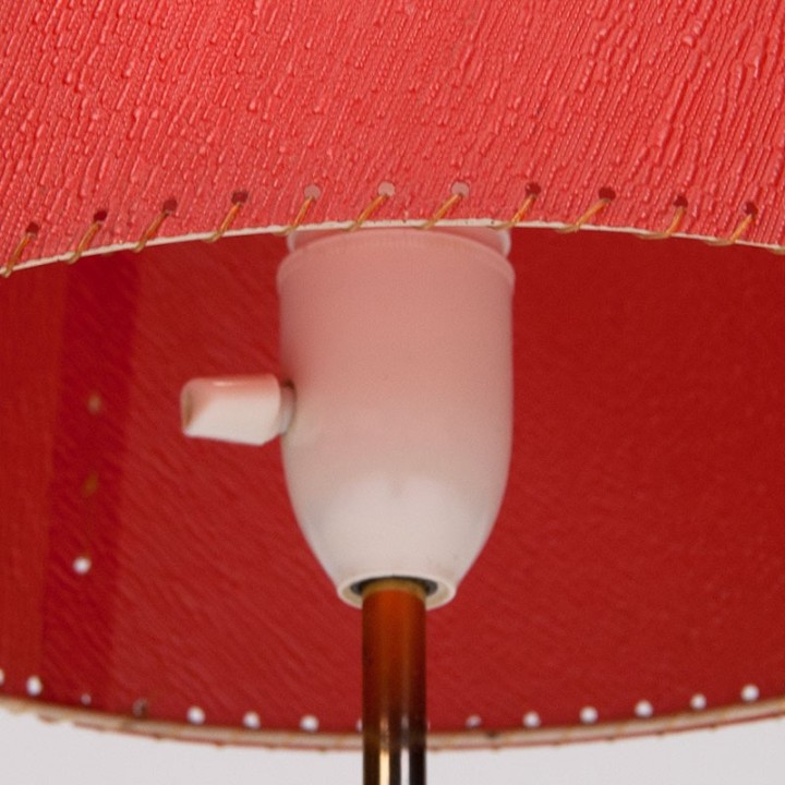 Three-legged Mid-Century vintage table lamp with red shade