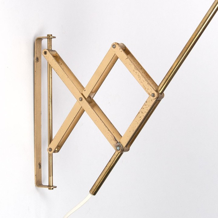 Messing kleurige vintage Deense schaarlamp met plissé kap