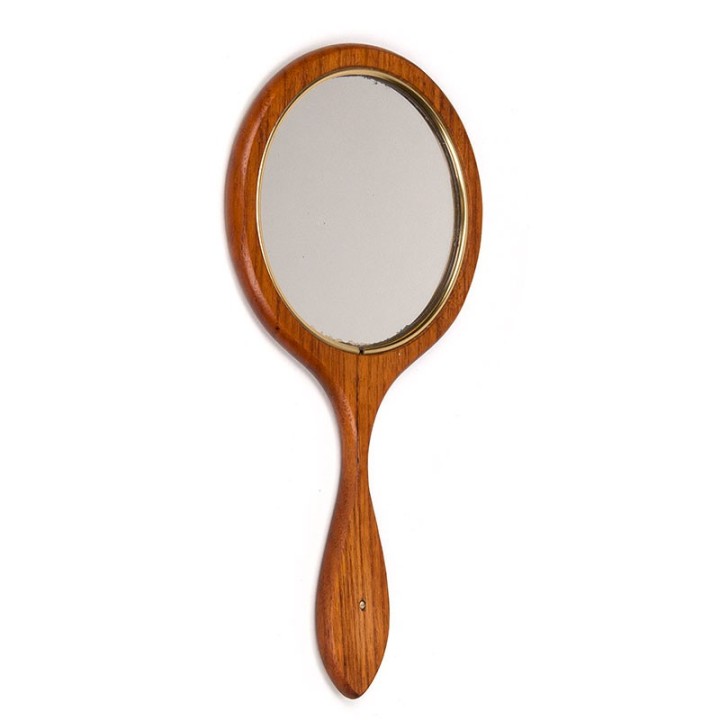 Deense vintage teakhouten handspiegel