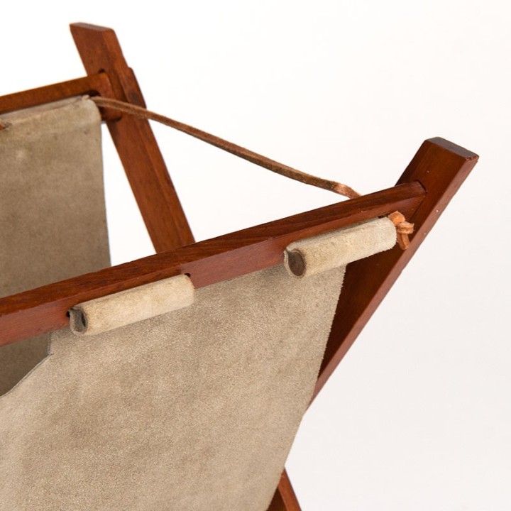 Danish vintage newspaper rack in suede and teak