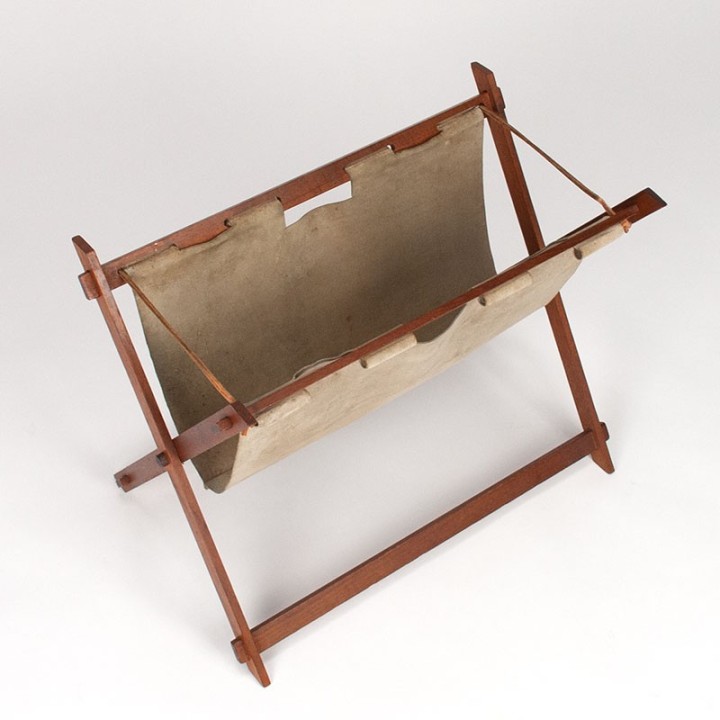 Danish vintage newspaper rack in suede and teak