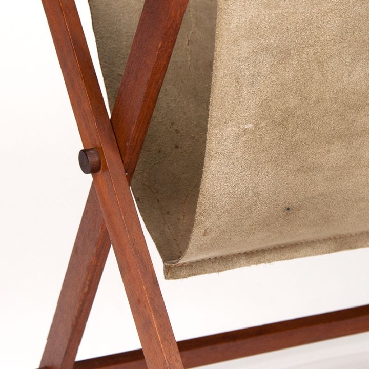 Danish vintage newspaper rack in suede and teak