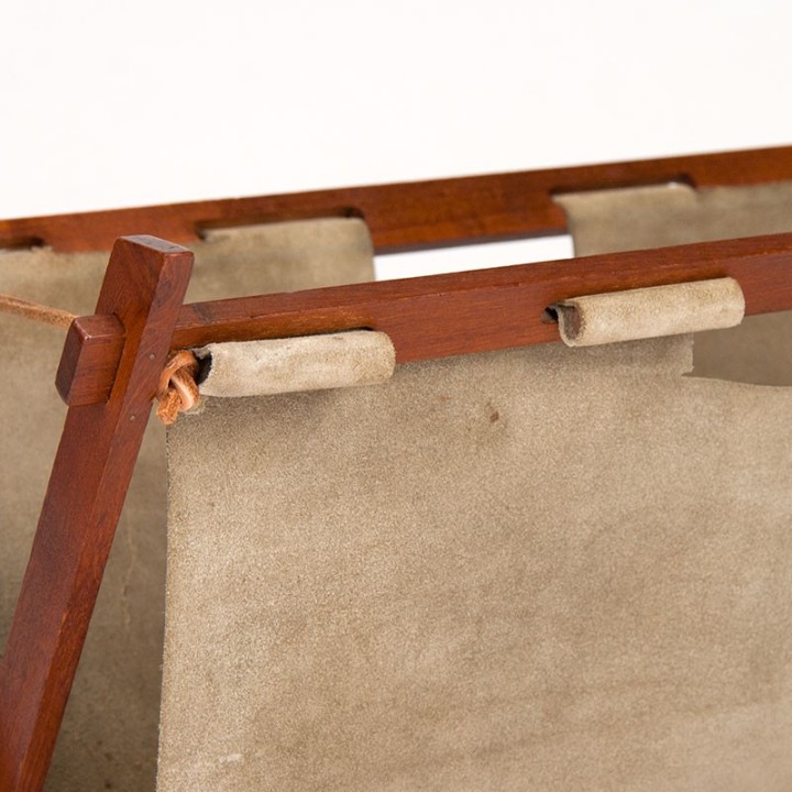 Danish vintage newspaper rack in suede and teak