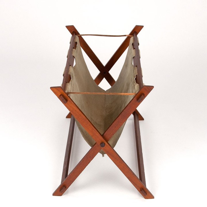 Danish vintage newspaper rack in suede and teak