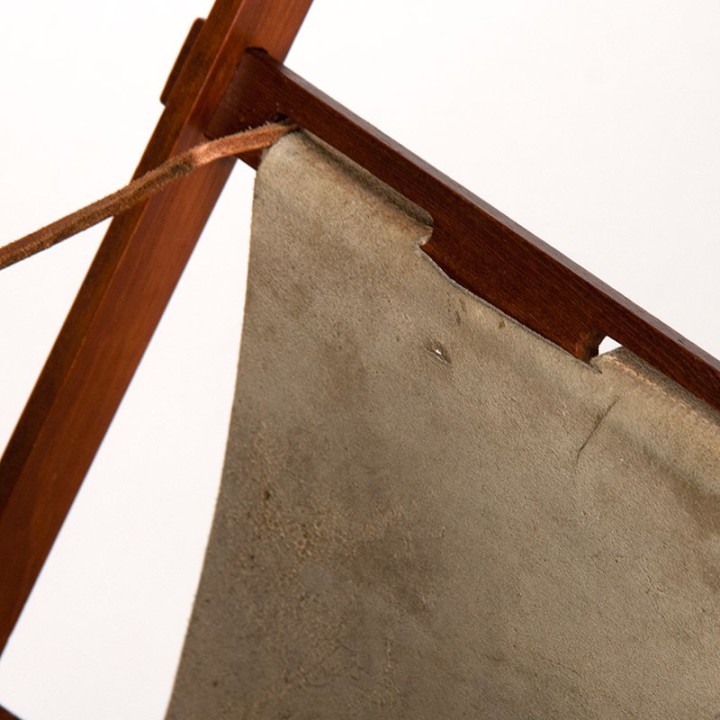 Danish vintage newspaper rack in suede and teak