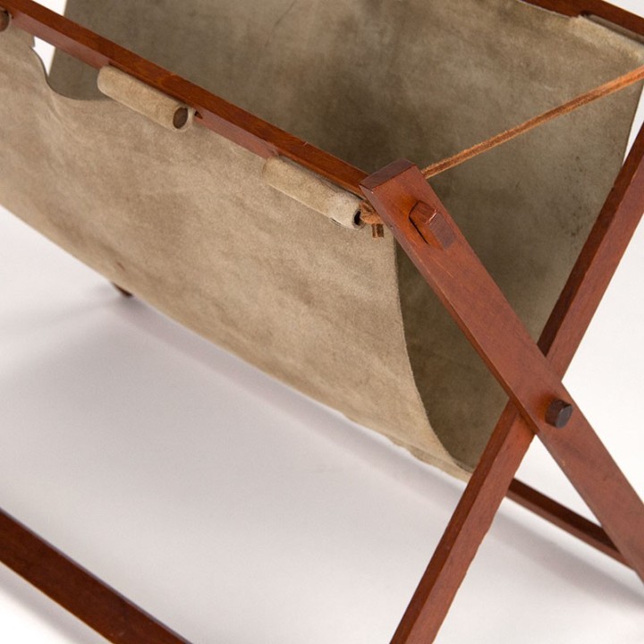 Danish vintage newspaper rack in suede and teak