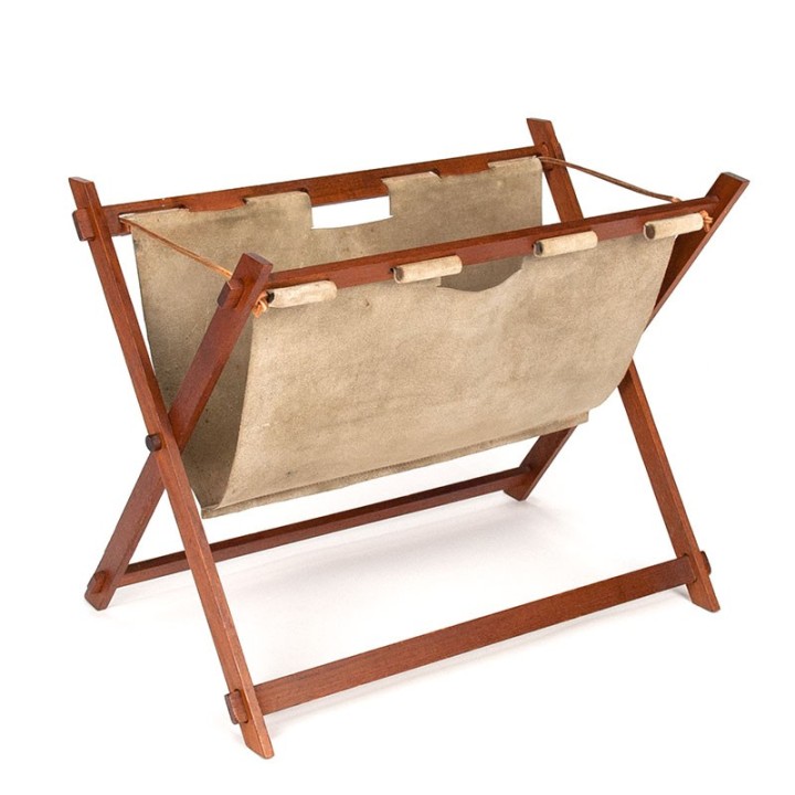 Danish vintage newspaper rack in suede and teak