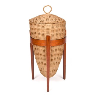 Mid-Century Deense rieten mand op teakhouten standaard