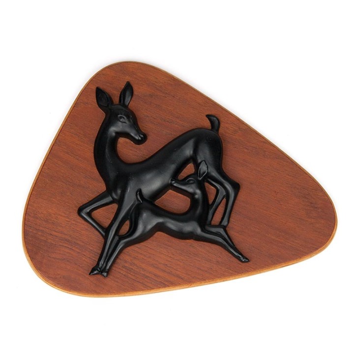 Vintage teak wall plate with ceramic deers