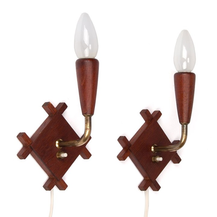 Deense teakhouten vintage set van 2 wandlampen