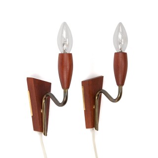 Danish set of 2 vintage wall lamps in teak and brass