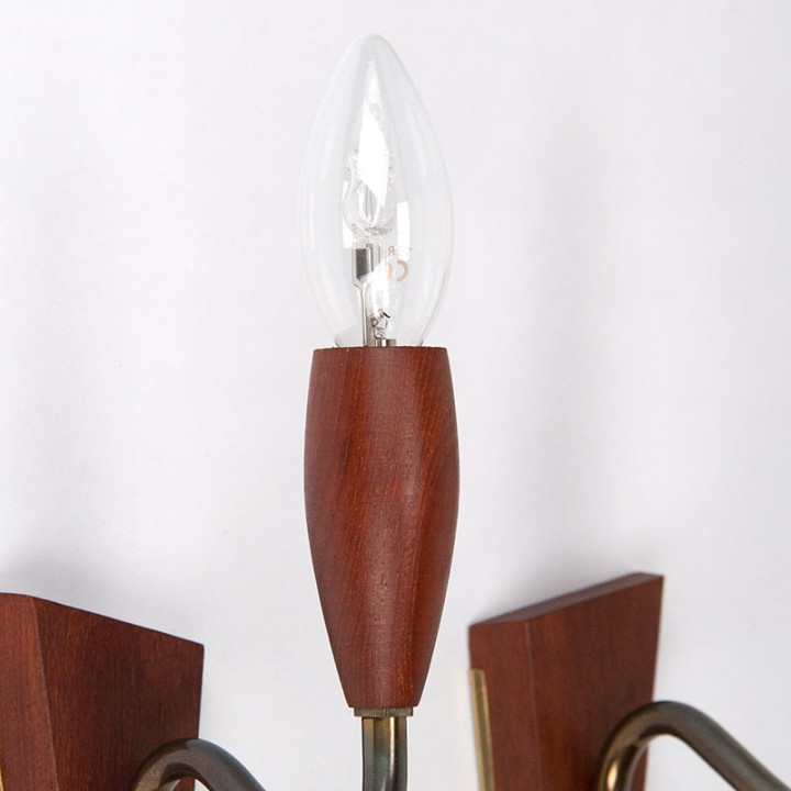 Danish set of 2 vintage wall lamps in teak and brass