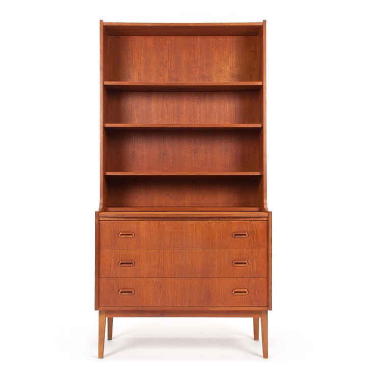 Mid-Century vintage Deense boekenkast met uitschuifbaar werkblad