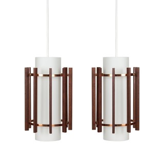 Set Deense Mid-Century hanglampen in glas en teak