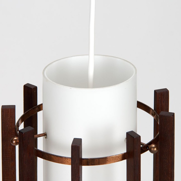 Set Deense Mid-Century hanglampen in glas en teak