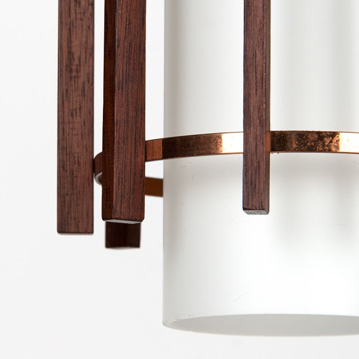 Set of Danish Mid-Century pendant lamps in glass and teak