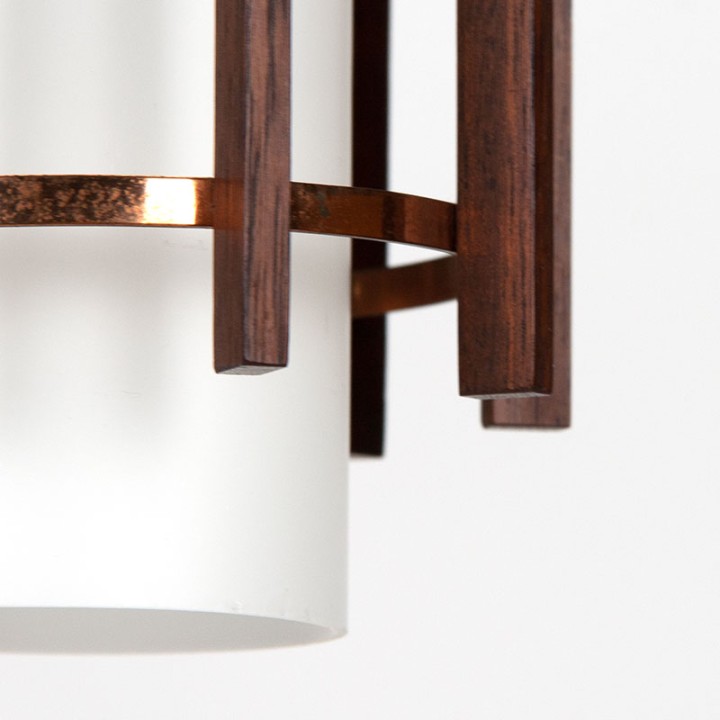 Set of Danish Mid-Century pendant lamps in glass and teak