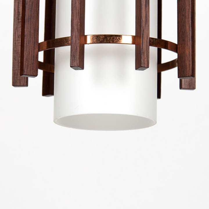 Set Deense Mid-Century hanglampen in glas en teak