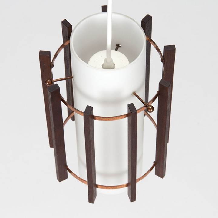 Set Deense Mid-Century hanglampen in glas en teak