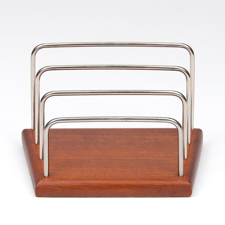 Danish vintage teak letter holder with chrome