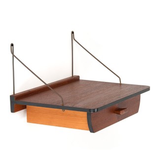 Teakhouten Deense vintage wandplank met lade