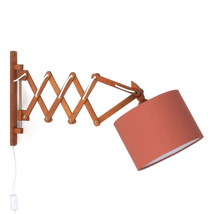 Vintage wall scissor lamp in teak with fabric shade
