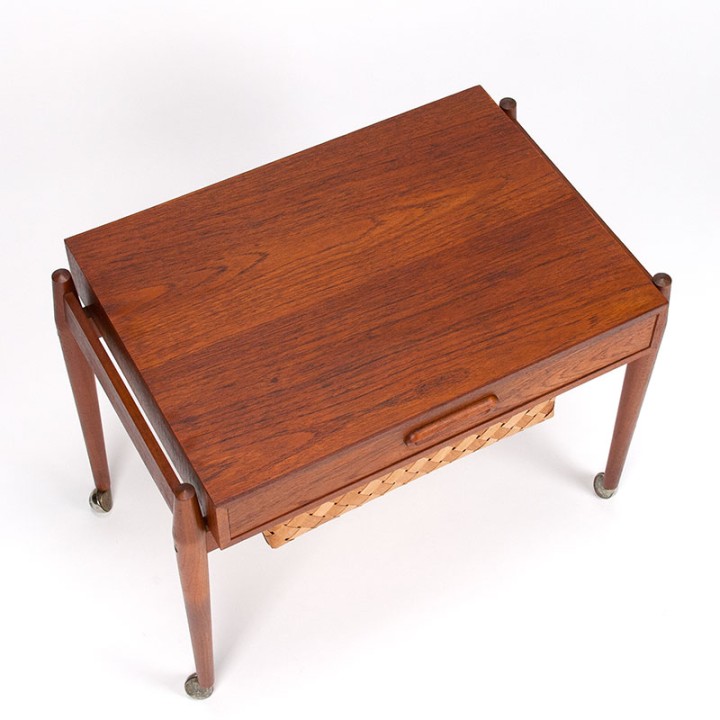 Mid-Century teak vintage sewing table on wheels