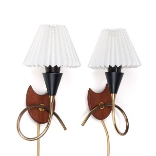 Set of vintage Danish wall lamps in teak and brass
