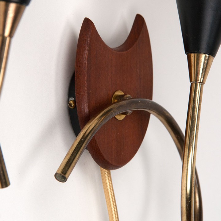 Set of vintage Danish wall lamps in teak and brass