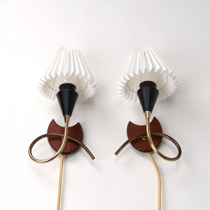 Set of vintage Danish wall lamps in teak and brass