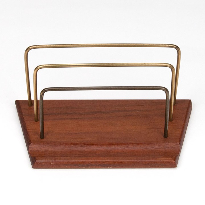 Teakhouten/ messing vintage brievenhouder