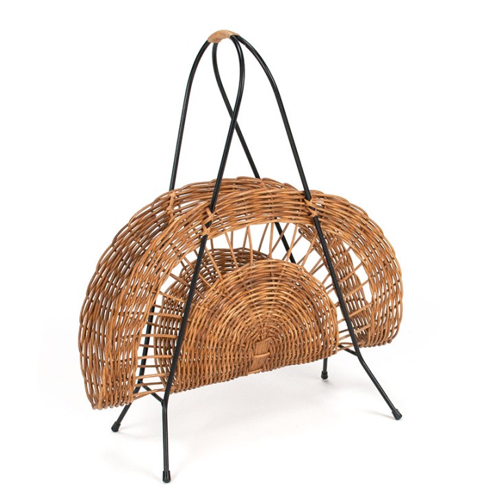 Mid-Century magazine/newspaper rack with wicker
