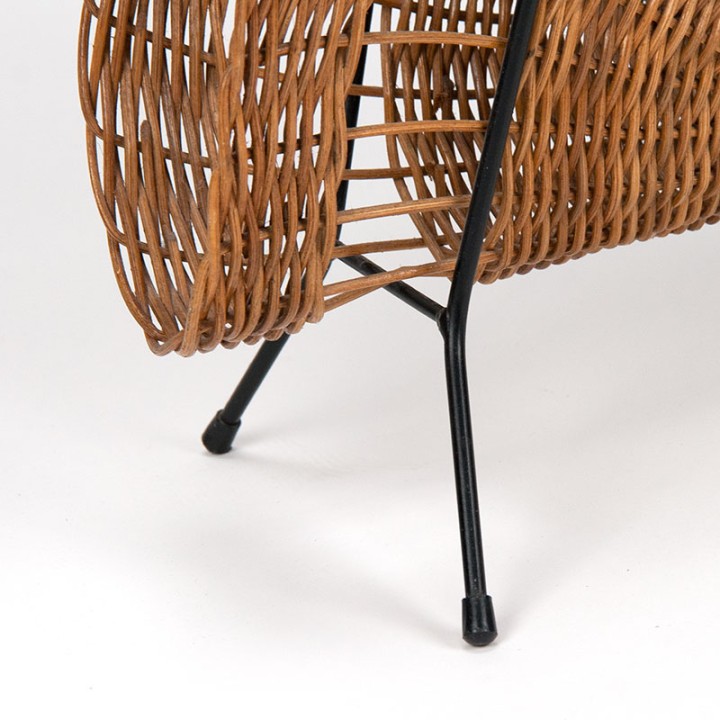 Mid-Century magazine/newspaper rack with wicker