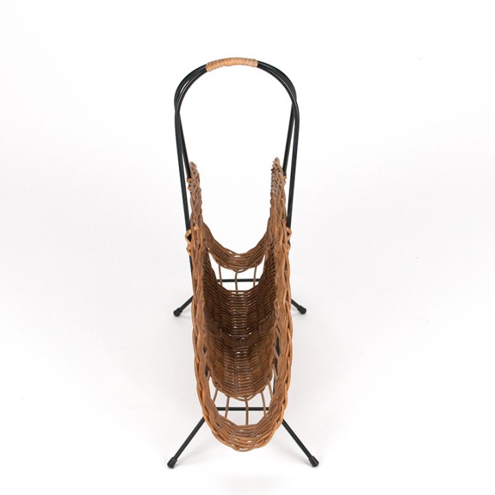 Mid-Century magazine/newspaper rack with wicker