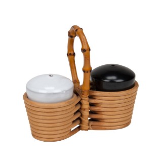 Peper en zout stel vintage in bamboe houdertje