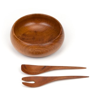 Small Danish vintage bowl with salade serving set in teak