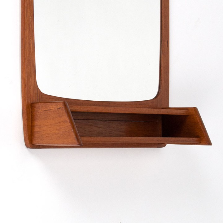 Mid-century Danish teak mirror with an open shelf